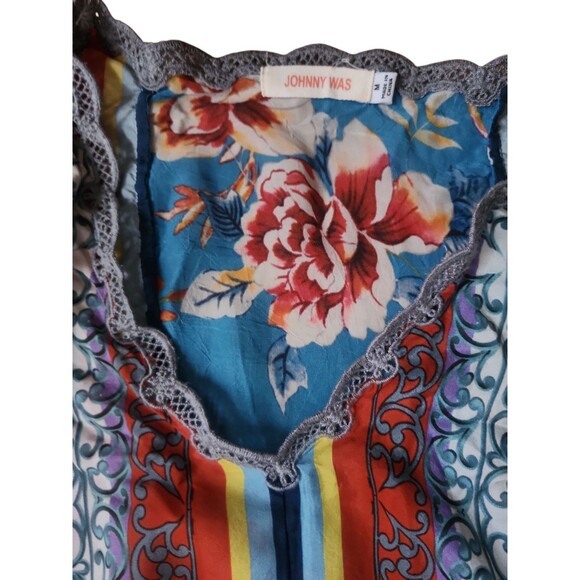 Johnny Was Silk Vintage Y2K Dragon Tunic Blouse Womens Medium Blue Multiprint - Picture 5 of 8